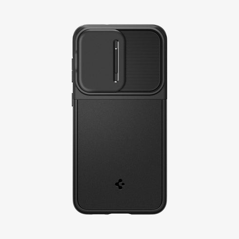 ACS05639 - Galaxy S23 Ultra Case Optik Armor in black showing the back with lens protector slot open
